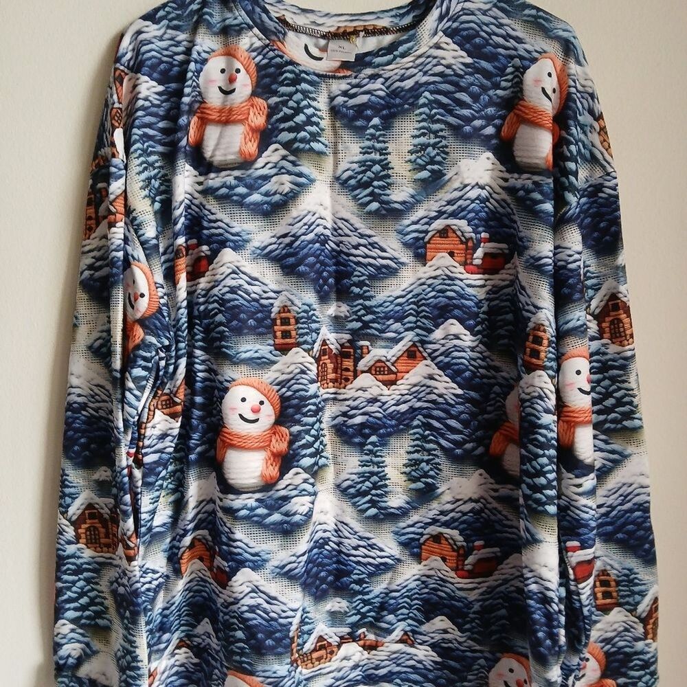 Women Snowman Reindeer Sweatshirt Long Sleeve Shirt Pullover XL Oversized